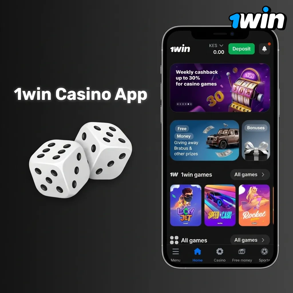 1win Casino App interface showing slots, live dealer tables, and game categories from top providers