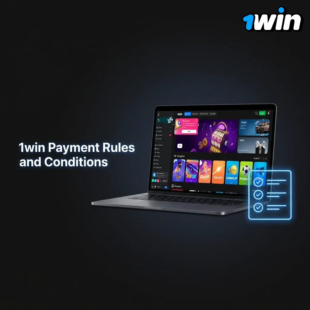 1win payment rules page showing verification, wagering requirements, and withdrawal conditions for users
