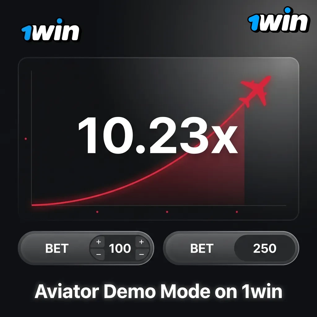 Aviator game demo mode interface showing virtual credits and practice gameplay on 1win platform